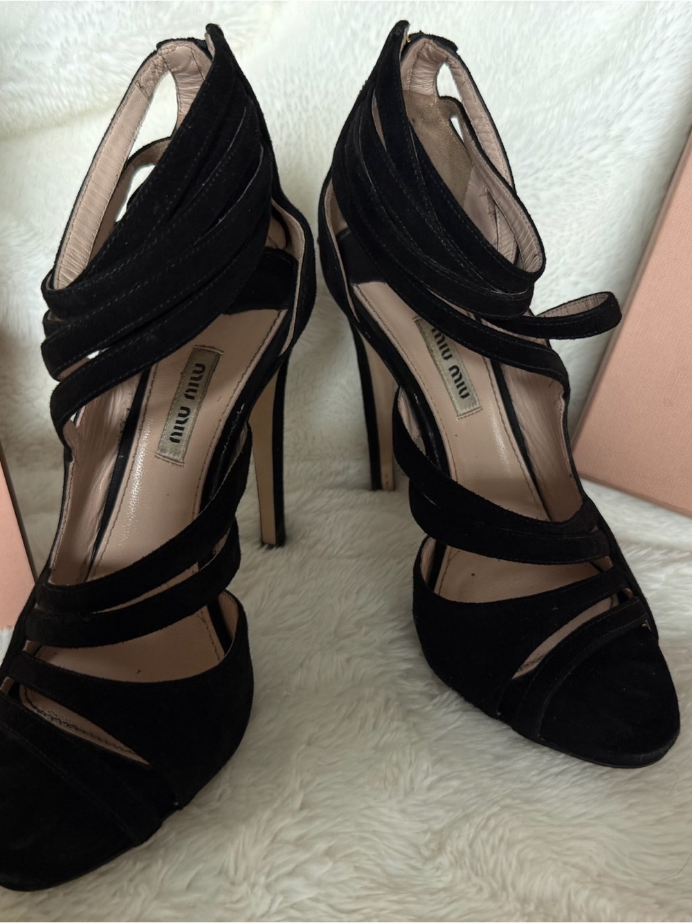 Miu Miu black sued multi strap slim stiletto